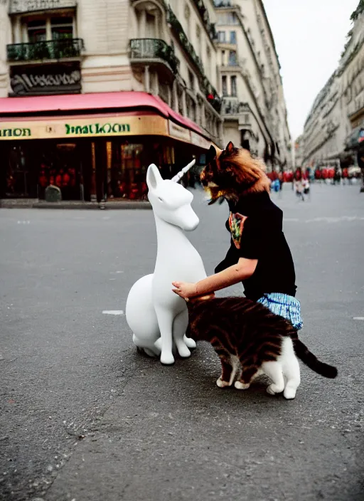 Image similar to a unicorn in paris, a cat and a piece of cabbage are crawling out of the unicorn, lsd, canon 5 d 5 0 mm lens fuji 8 0 0 film