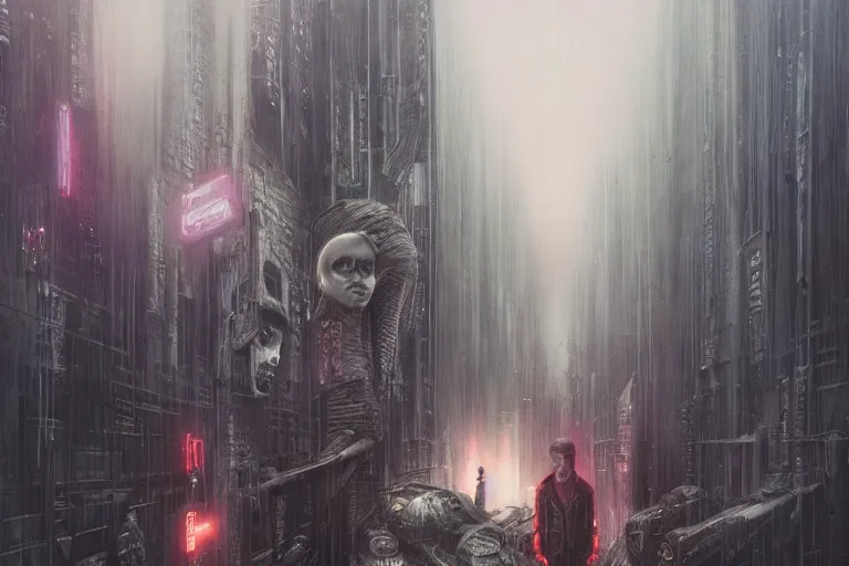 Image similar to highly detailed concept art of blade runner characters, dystopian post - apocalyptic retrofuturistic neon vibe, an ultrafine detailed painting by hans giger and wayne barlowe, trending on deviantart, pop surrealism, whimsical, lowbrow, perfect symmetrical face, sharp focus, octane, masterpiece