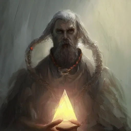 Image similar to A portrait of a cleric of Cthulu with short dark hair and a trimmed beard, he wears a sandstone cube on a string around his neck, as dark magic emanates from the cube tentacles spur from the water, digital art by Ruan Jia