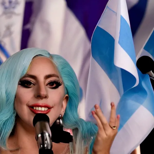 Image similar to Lady Gaga as president, Argentina presidential rally, Argentine flags behind, bokeh, giving a speech, detailed face, Argentina