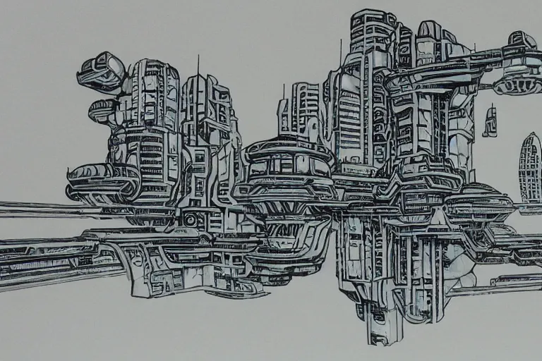 Image similar to futuristic, cyberpunk, martian architecture, minimalistic ink airbrush painting on white background, outline