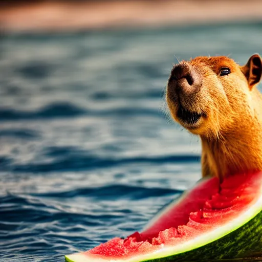 Image similar to a capybara swimming in the ocean while eating a watermelon, cinematic shot, sun rays, photo