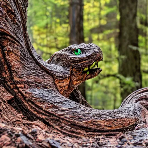 Prompt: Seeping through the cracks in the wood, the thick fluid piping from the giant's mouth is a color like no other. Clay-colored and liquid, it flows between the cracks at an alarming rate. Stricken with awe, the frizzy-haired viper stares up into the giant's face.