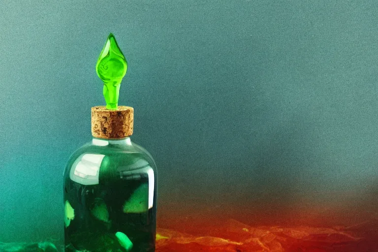 Prompt: small potion with a cork top filled with a green and turquoise gradient liquid, magical potion, glowing liquid, fantasy, on a desk, old film photo