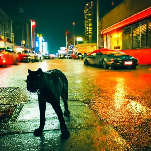 Prompt: a high quality low wide angle photo of a panther on the streets of a cyberpunk city, rainy, reflective ground, neon lights, realism, 8k