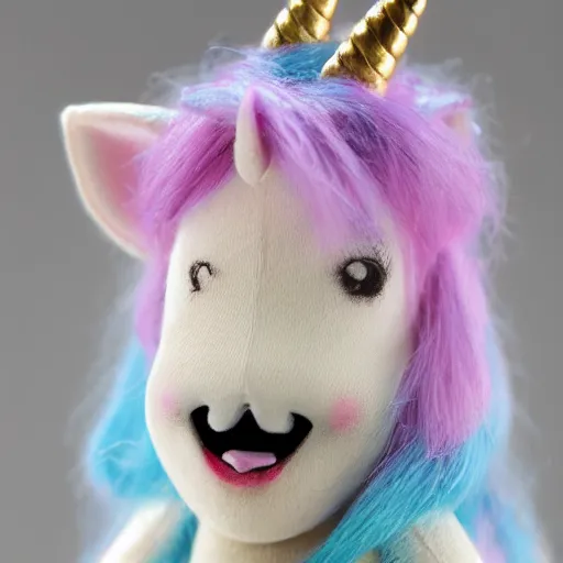 Image similar to a happy unicorn, push doll, 8k, realistic