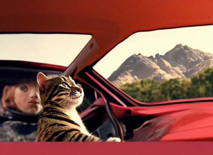 Image similar to A very high resolution image from a new movie, a cat driving a car around, inside of a car , mountains, Polaroid, directed by wes anderson