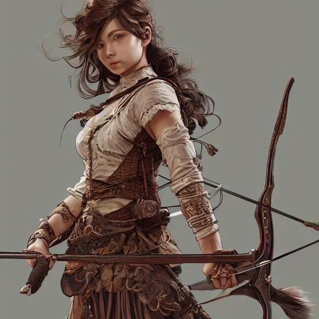 Image similar to the portrait of lawful neutral semi - colorful female archer huntress as absurdly beautiful, gorgeous, elegant, young girl, an ultrafine hyperdetailed illustration by kim jung gi, irakli nadar, intricate linework, bright colors, octopath traveler, final fantasy, unreal engine 5 highly rendered, global illumination, radiant light, detailed and intricate environment