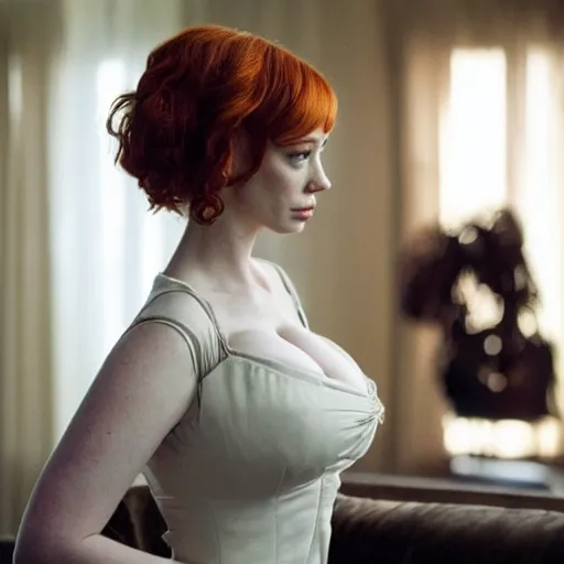 Image similar to amazing beautiful Christina Hendricks with an amazed look on her face in the living room, film still from the movie directed by Denis Villeneuve , wide lens