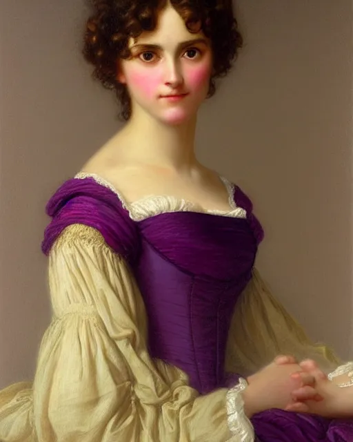 Image similar to regency portrait en buste of annasophia robb violet beauregarde leslie burke by Hughes Merle, by Pierre Auguste Cot, perfectly detailed eyes, realistic fabric, abundant detail