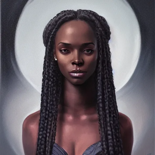 Image similar to a detailed matte oil on canvas head on symmetrical portrait of black skinned woman with long with hair, clothed by charlie bowater, lise deharme, wlop, trending on artstationhd, dungeons and dragons art critical role