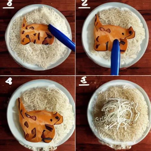 Image similar to making of an edible giraffe from noodles and rice in 4 steps, from the beautiful'how to make food art step by step collection ', dslr