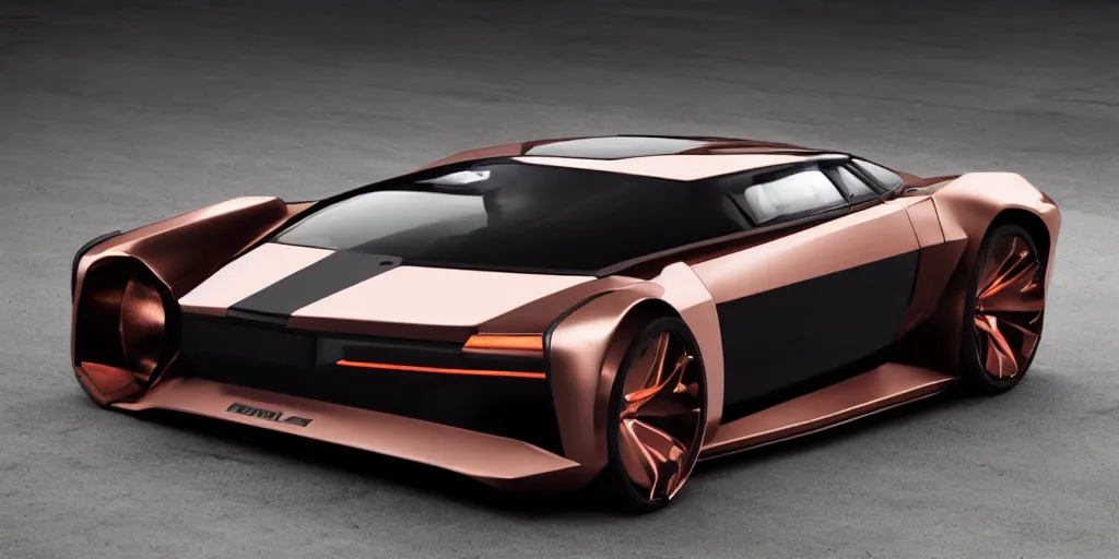 Image similar to a design of a futuristic DMC Delorian, designed by Polestar, blade runner background, front and back view, rose copper car paint with white line accent detailing, black windows, sportscar, dark show room, dramatic lighting, hyper realistic render, depth of field