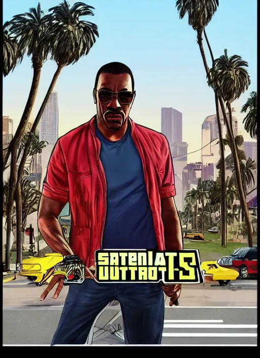 Image similar to eddie murphy gta v los santos in background, palm trees. in the art style of stephen bliss.