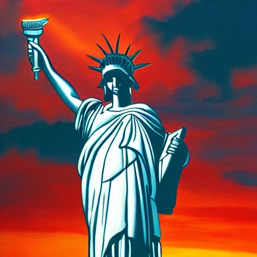 Prompt: the stature of liberty holding a taser. apocalypse painting. masterpiece. red sky, moody, gothic