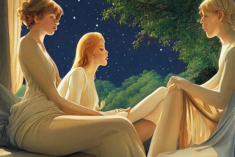 Prompt: beautiful painting of friends, beautiful faces, sitting on the edge, cute, soft light, digital painting by ralph mcquarrie and walter crane