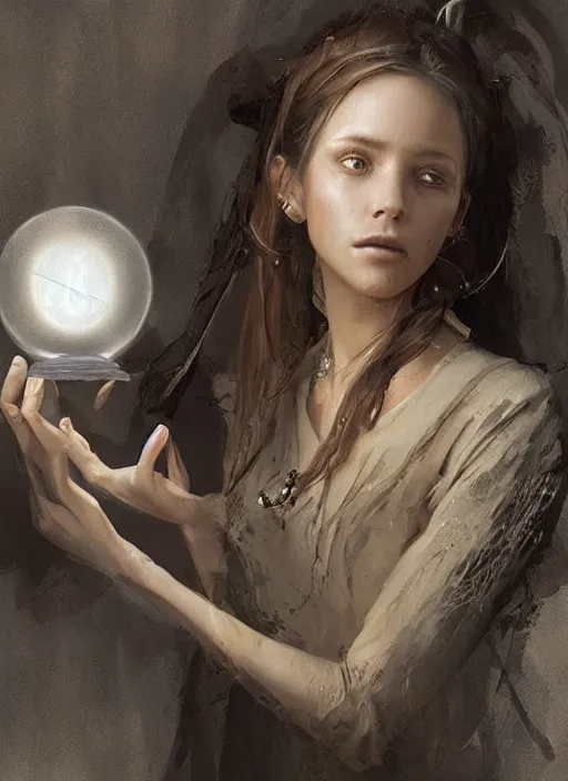 Image similar to portrait of a young witch with a crystal ball, true anatomy, detailed face, highly detailed, by greg rutkowski