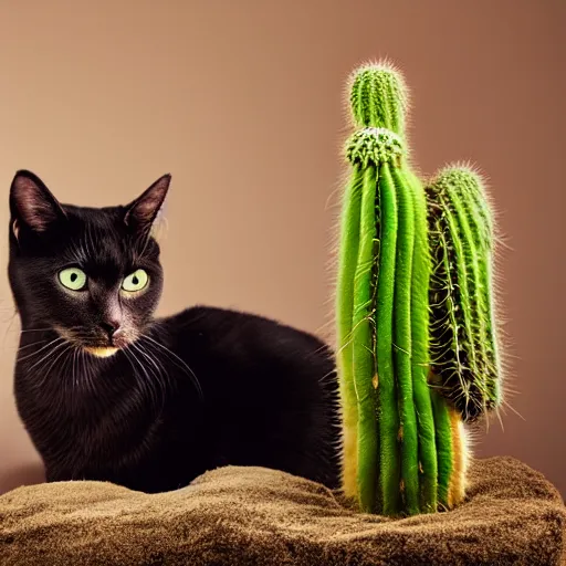 Image similar to A real photograph of a cat licking a cactus, close view, studio lighting, DSLR