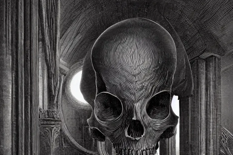 Image similar to intricate, smooth, large metallic skull atop coil of columns, inside a dark room, style by caspar david friedrich and wayne barlowe and ted nasmith.