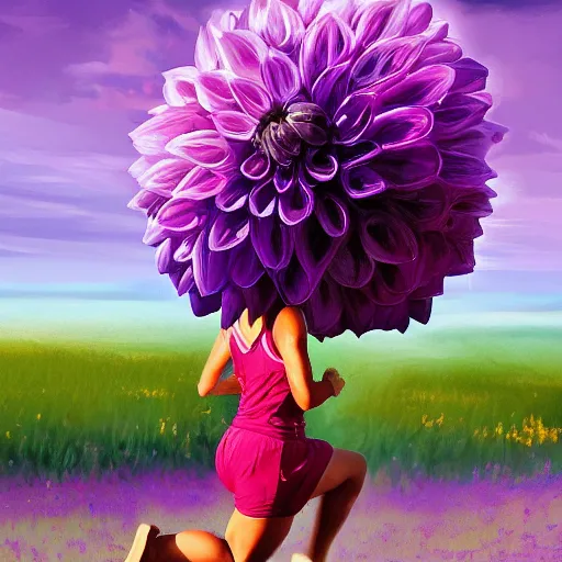 Image similar to portrait, giant purple dahlia flower head, woman running at orange beach, surreal photography, sunrise, blue sky, dramatic light, impressionist painting, digital painting, artstation, simon stalenhag