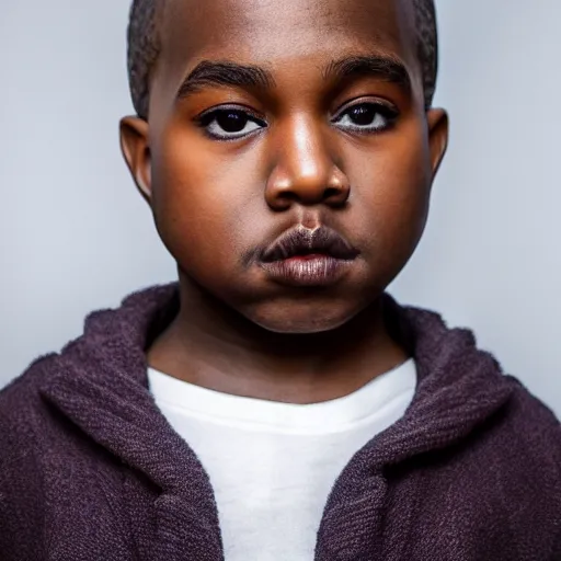Prompt: the face of young kanye west wearing yeezy clothing at 1 2. 5 years old, portrait by julia cameron, chiaroscuro lighting, shallow depth of field, 8 0 mm, f 1. 8