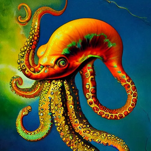 Prompt: fiery whimsical emotional eyes cephalopod, surreal painting by Ernst Haeckel, in a photorealistic macro photograph with shallow DOF, artstation