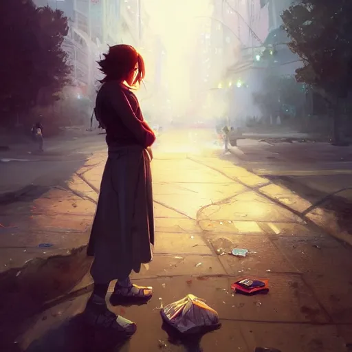 Image similar to Highly detailed full-body portrait of homeless Cristin Milioti, beautiful, fantasy art by Greg Rutkowski, Rhads, Makoto Shinkai and Lois van baarle, ilya kuvshinov, rossdraws global illumination, radiant light, detailed and intricate environment