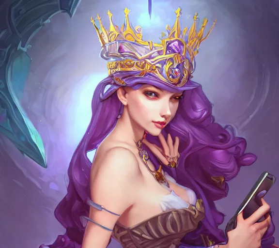 Prompt: bored queen checking her cell phone phone, fantasy, whimsical, dungeons and dragons, league of legends splash art, heroes of the storm splash art, hearthstone splash art, world of warcraft splash art, overwatch splash art, art by artgerm, art by alphonse mucha, intricately detailed, highly detailed, trending on artstation, 4 k, wallpaper