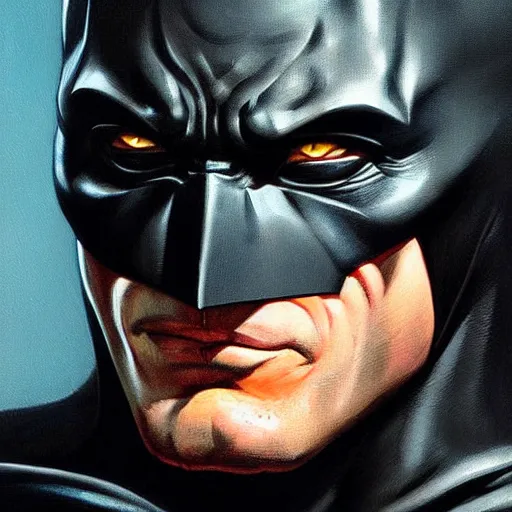 Image similar to an ultra - realistic portrait painting of batman in the style of frank frazetta. 4 k. ultra - realistic. highly detailed. dark fantasy. epic lighting.