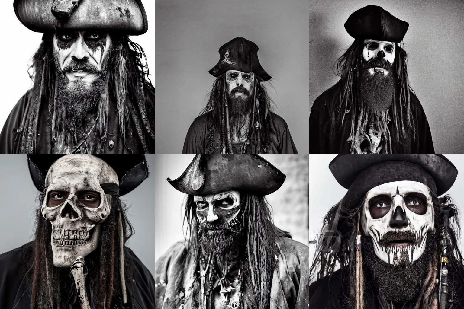 Prompt: 70 mm photo of a dirty rugged old pirate lord wearing dirty old black hat, black coat and a worn and stained skull bone mask, long black beard and long black hair, dark scene with dim light, movie scene, depth of field