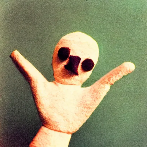 Prompt: a cute puppet made of fingers and hands, old photo, expired color film, damaged photo, 1975
