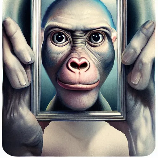 Prompt: lofi monkey in front of a mirror reflecting anger facial expression of a human face, symmetrical hands, doctors mirror, Pixar style by Tristan Eaton Stanley Artgerm and Tom Bagshaw, high detail