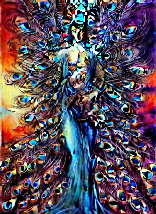 Prompt: detailed image of peacock goddess by Ayami Kojima, Amano, Karol Bak, Greg Hildebrandt, and Mark Brooks, rich deep universe colors. Beksinski painting, part by Adrian Ghenie and Gerhard Richter. art by Takato Yamamoto. masterpiece . intricate artwork by Tooth Wu and wlop and beeple, greg rutkowski, very coherent symmetrical artwork, cinematic, hyper realism, high detail, octane render, unreal engine, 8k, Vibrant colors, Smooth gradients, High contrast, depth of field. by Katsuhiro Otomo, full body character drawing, inspired by Evangeleon, clean ink detailed line drawing, intricate detail, extremely detailed. painting by Arthur Rackham, Eugene de Blaas, Frederic Leighton