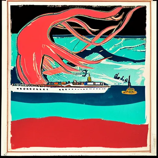 Image similar to A giant squid destroying a cruise ship in the middle of the ocean, by Andy Warhol