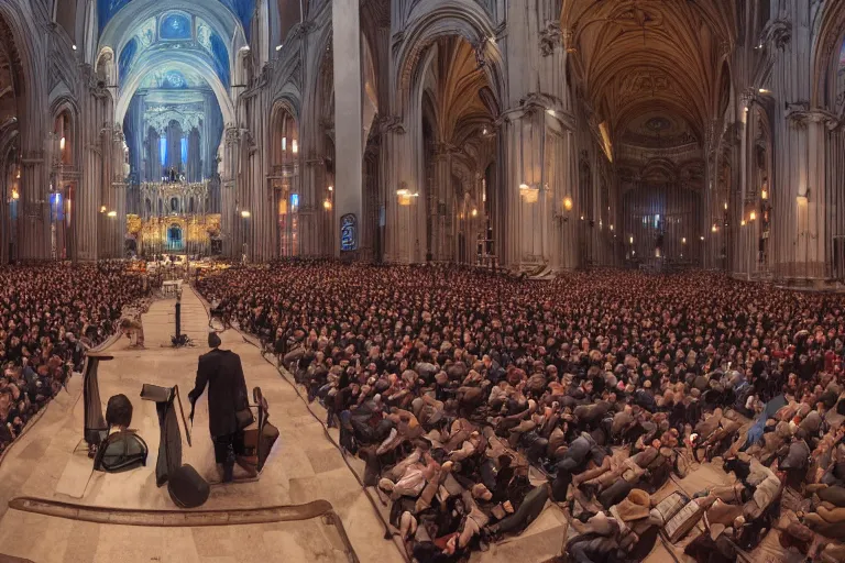 Image similar to huge crowd listens to a hermeneutic pipe organ concert in a vast basilica, matte painting, scenic full shot, ambient lighting, by makoto shinkai, stanley artgerm lau, wlop, rossdraws