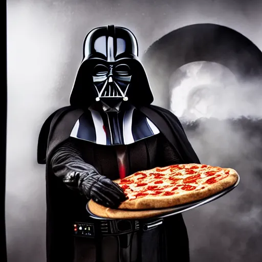Prompt: trump making a pizza, modeling as darth vader in star wars, ( eos 5 ds r, iso 1 0 0, f / 8, 1 / 1 2 5, 8 4 mm, postprocessed, crisp face, facial features )
