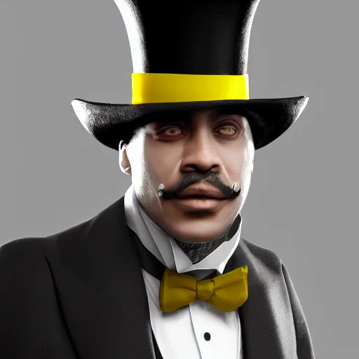 Image similar to a highly detailed portrait of a man in a high top hat covering his face, in a black tailcoat with a yellow waistcoat under the tailcoat, artstation, deviantart, professional, unreal engine 5, photorealistic