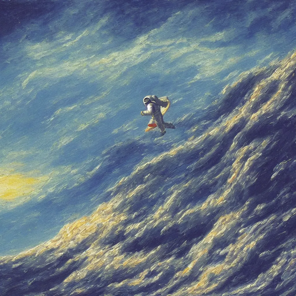 Image similar to an astronaut in a white space suit surfing a colorful wave during sunet, impasto oil painting, in the art style of Caspar David Friedrich