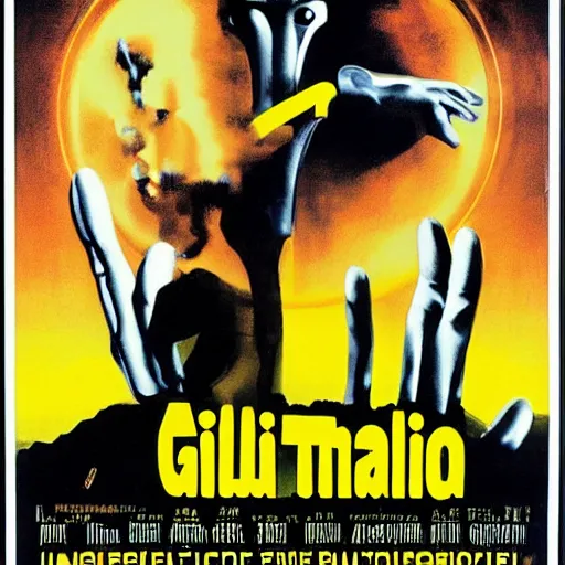 Image similar to Giallo movie poster about the triumph of artificial intelligence over humanity