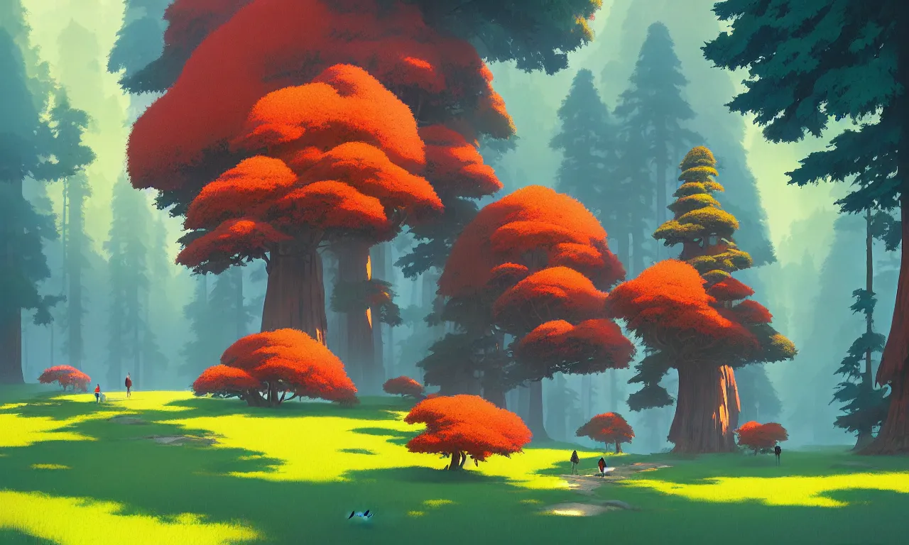 Image similar to Sequoia park in a colorful moutain with beautiful trees , no people, morning, by studio ghibli painting, superior quality, masterpiece, traditional Japanese colors, by Grzegorz Rutkowski, concept art