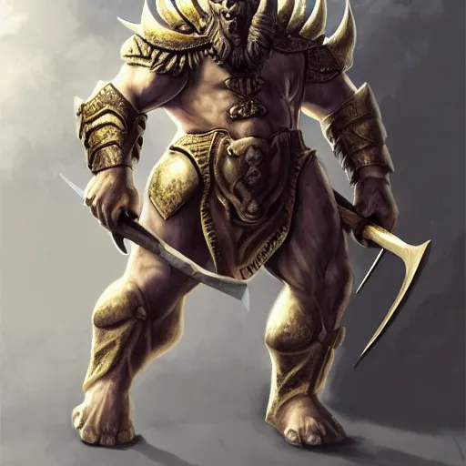 Prompt: Giant minotaur beast warrior with two handed axe, heavy white and golden armor, impressive horns, long mane, full body, muscular, dungeons and dragons, hyperrealism, high details, digital painting