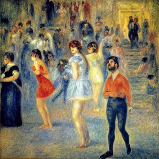 Image similar to disco party, strobo lights, millennials dancing, shorts and short skirts, the square of an italian small town with stairs, impressionist drawing by renoir, high definition