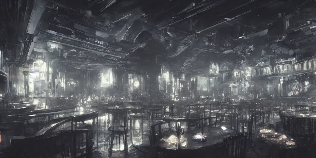 Prompt: Interior of a noir night club, Greg Rutkowski, Frank Frazetta, trending on Artstation, 8K, ultra wide angle, establishing shot, pincushion lens effect, zenith view