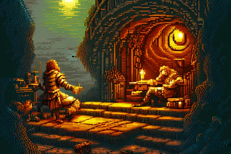 Prompt: the bard's tale, beautiful detailed pixelart by albertov, intricate details, beautiful, dithered gradients, volumetric lighting, cgsociety, artstation, smooth, sharp focus, 2 d illustration, amazing art by dan mumford