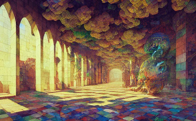 Image similar to tiled room squared waterway, aqueducts, fantasy. intricate, amazing composition, colorful watercolor, by ruan jia, by maxfield parrish, by marc simonetti, by hikari shimoda, by robert hubert, by zhang kechun, illustration, gloomy