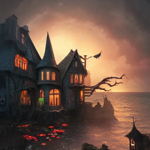 Image similar to a realistic scary witch in front of a witch house which is made out of candy, floating on the ocean, epic scene, fantasy, cinematic, hyper - detailed, in the style of greg rutkowski