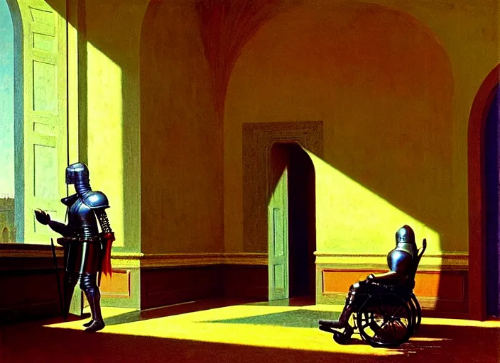 Prompt: knight in rich armor in a wheelchair do tricks & watch old tv, rome, highly detailed, soft lighting, elegant, by edward hopper and james gillard, zdislaw beksinski, stephen outram, andreas m wiese, carl spitzweg, highly detailed, masterpiece, unreal 6, 8 k