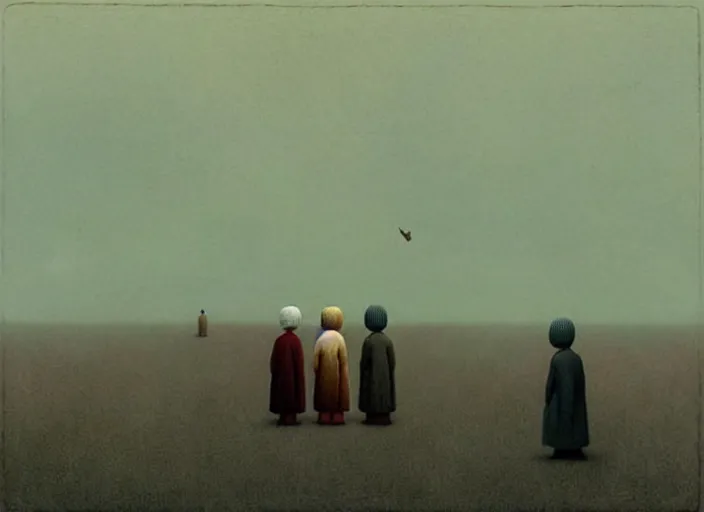 Image similar to surreal scenery, painting by quint buchholz and ray caesar, muted colors, gray, dull, boring, low energy, pale blue faces, very detailed, very coherent