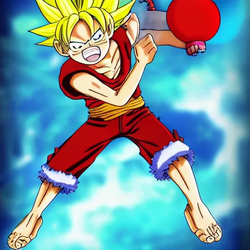 Image similar to still image of Monkey D Luffy in DragonBall Z by Akira Toriyama, color, screenshot