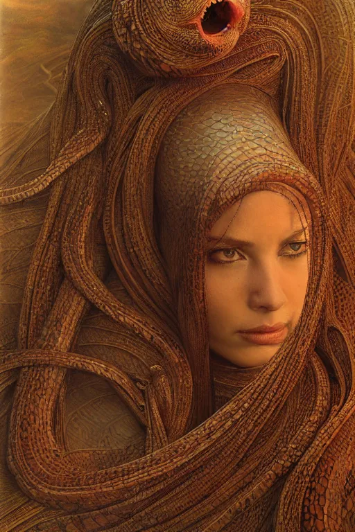 Prompt: an hiper intricate oil portrait of a beautifull snake godess, excelent composition, wide shot, by zdzislaw beksinski, intricate, unreal engine 5 highly rendered, global illumination